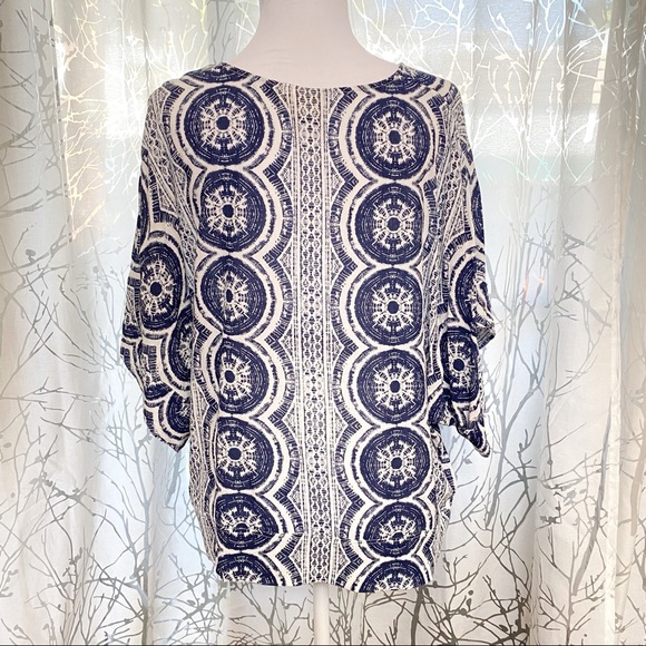Roxy Koggala blue white print wide kimono short sleeve scoop neck top shirt - Picture 6 of 11